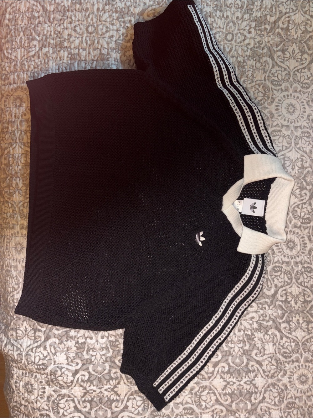 adidas Black Knit Crewneck Sweater with White Collar